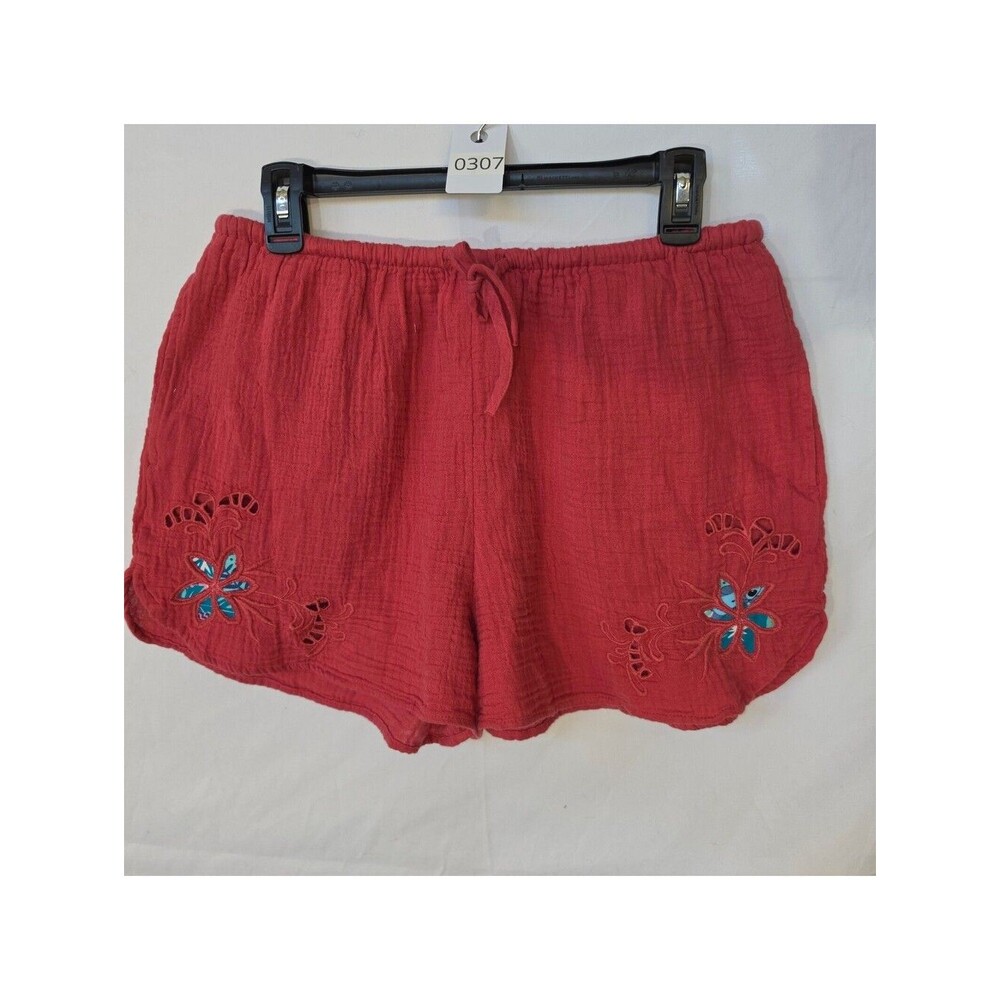 Gauze Cotton Embroidered Eyelet Dolphin Shorts Coral Red Floral Boho Womens M